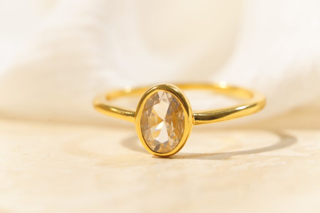 Minimalist Champagne Solitaire Ring | S925 Sterling Silver 18K Gold Plated Bezel Set Band