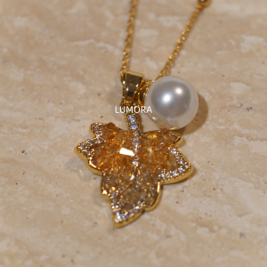 Vintage Yellow Maple Leaf & Pearl Necklace | Gold-Plated Copper