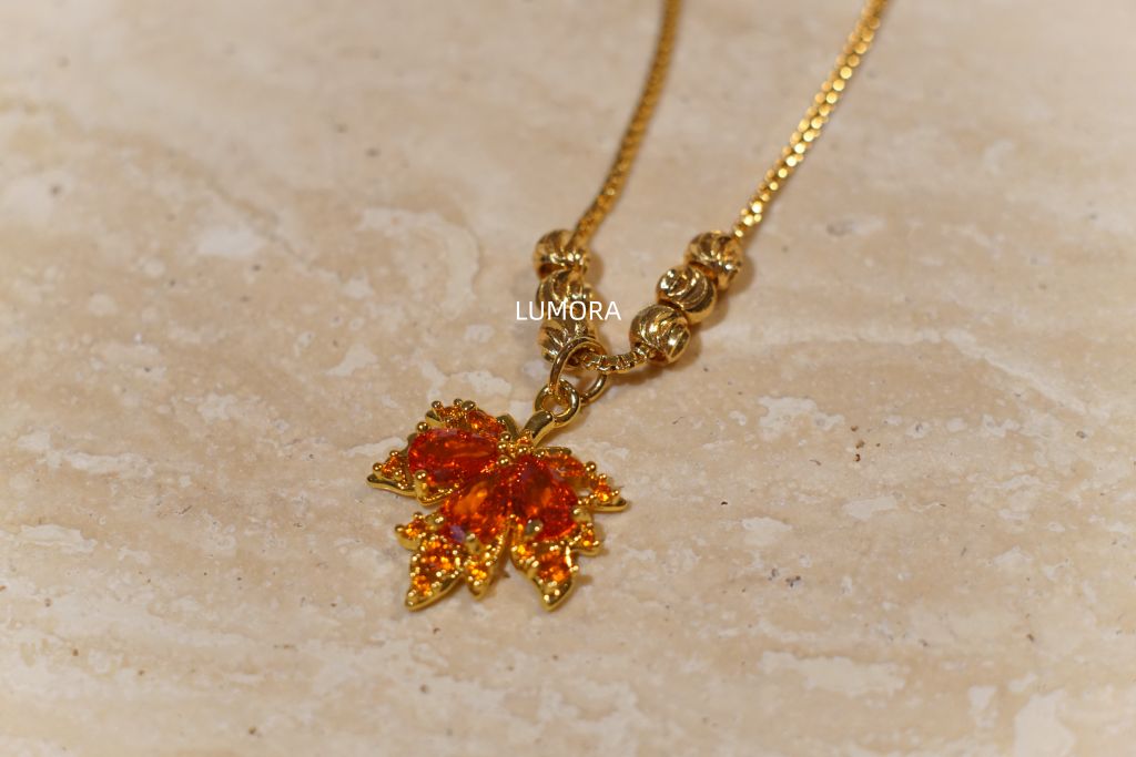 Vintage Red Maple Leaf Pendant Necklace | Gold-Plated Copper